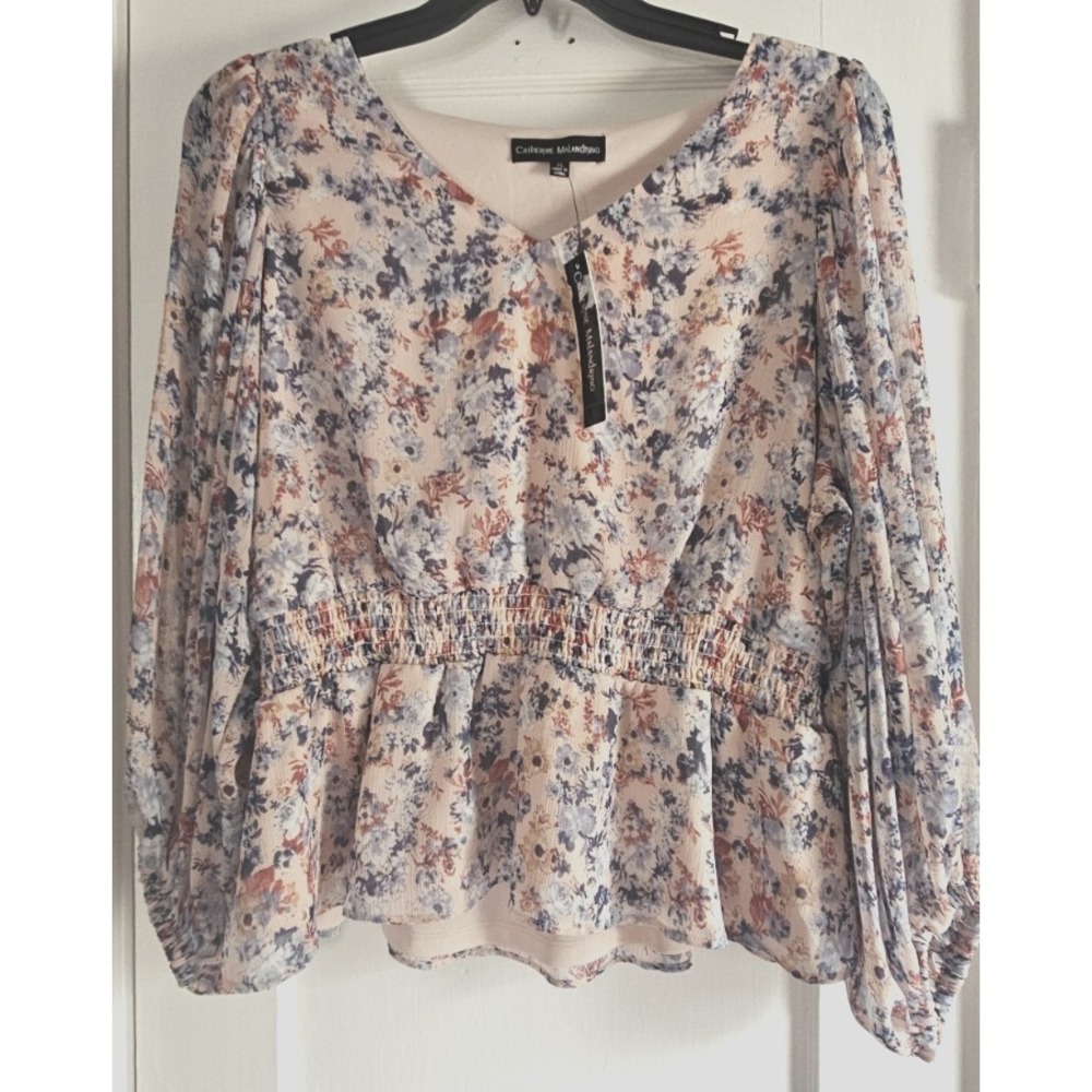 NWT Catherine Malandrino smocked waistline puff long sleeves V neck boho top XL